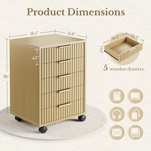 5 Drawer Chest, Under Desk Storage Wood Drawers with Wheels,Fluted File Cabinet for Home Office, Natural Walnut - Image 2