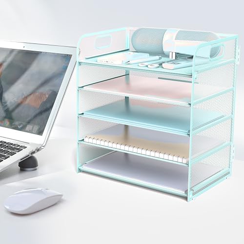 Letter Tray Paper Organizer 5-Tier Desk Organizer File Organizer Paper Holder with Handle, Metal Desktop Document Shelf Tray Office Classroom Organization - Blue - Image 6