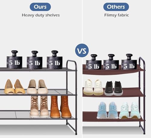 KEETDY Long 3 Tier Shoe Rack for Closet Wide Shoe Storage Organizer Stackable Metal Shoe Shelf for 24 Pairs Men Sneakers with Wire Grid for Closet Floor, Bedroom, Entryway, Bronze - Image 3