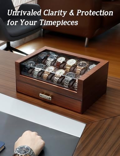 KAMIER High End Watch Box for Men, 12 Slot Wooden Watch Case With Drawer - Image 2