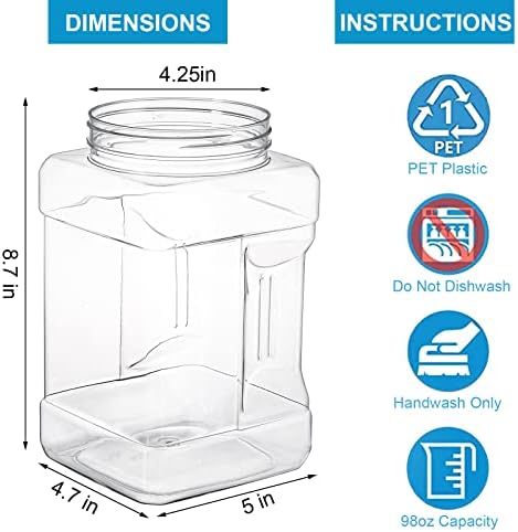 Lawei 3 Pack Square Clear Plastic Jars, 98 Oz Wide Mouth Storage Containers with Screw-On Lids, Refillable BPA Free Empty PET Jars for Dry Goods Peanut Cookies Candy, Easy Grip Airtight Storage Jar - Image 2