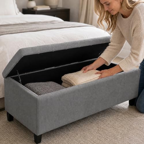 Madison Park 49" Upholstered Storage Bench, Button Tufted End of Bed Bench with Storage, Dual Spring Soft-Close Lid, Bedroom Bench for Queen King Bed, Entryway Living Room, Grey - Image 5