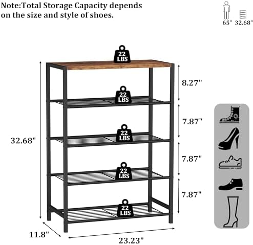 HOMEFORT 5-Tier Shoe Rack, Shoe Storage Shelf with MDF Top Board, Shoe Rack Organizer, Each Tier Fits 3 Pairs, Entryway Shoe Stand with Sturdy Shelves, Rustic Brown - Image 3