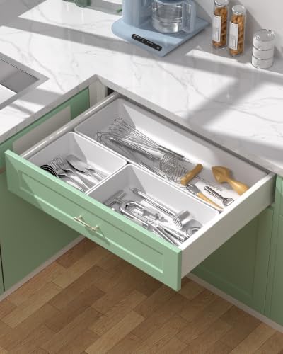 10 Pack Large Size Plastic Drawer Organizers Set, 3 Sizes Desk Drawer Organizer Trays, Storage Bins for Vanity, Makeup, Bathroom, Kitchen Utensils and Office (White) - Image 6