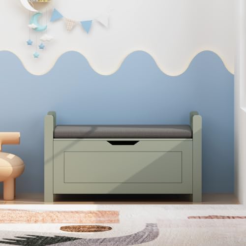 Storage Chest, Storage Bench with Cushion Seat, Toy Chest, Wooden Toy Box with 2 Safety Hinges, Shoe Bench, for Entryway, Living Room, Bedroom, Green - Image 3