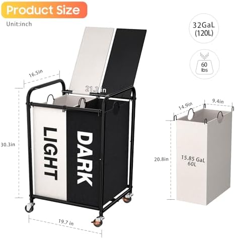 120L Laundry Sorter 2 Section, Rolling Laundry Basket with Wheels ＆ Lid - Image 2