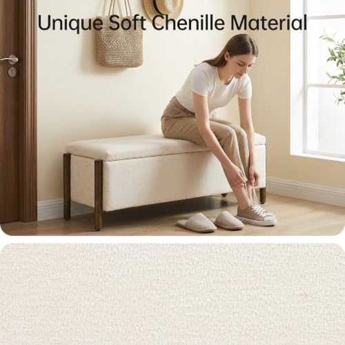Usaint 47" Fabric Upholstered End of Bed Storage Ottoman Bench, Beige - Image 6