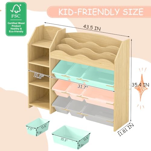 EXPERLAM Kids Toy Organizer, Scalloped Bookshelf, 4 Shelves, 9 Color Bins - Image 2