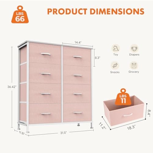 Sweetcrispy 8 Drawer Fabric Dresser, Tall Storage Tower for Bedroom, Pink - Image 3