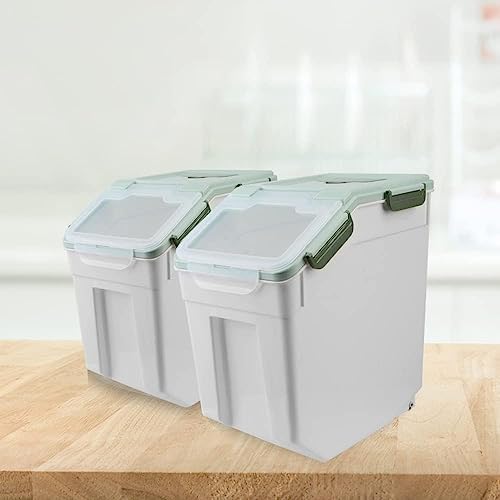 25LB Large Flour Storage Container Bin ,2 Pack Airtight Plastic with Wheels Seal Locking Lid Dispenser Organizer Storage Bin with Measuring Cup & Scoop for Flour, Rice, Grain 50LBS Total - Image 3