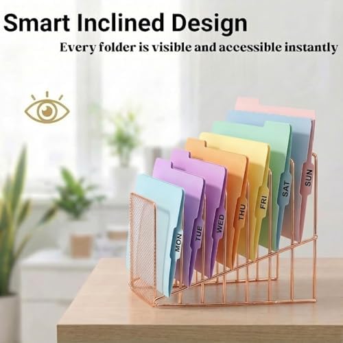 2 Pcs Incline File Sorter, 7 Slot Magazine Holder for Letter, Document, Folder and Book, Metal Desktop Organizer Rack for Home, School and Office (2-rose gold) - Image 5