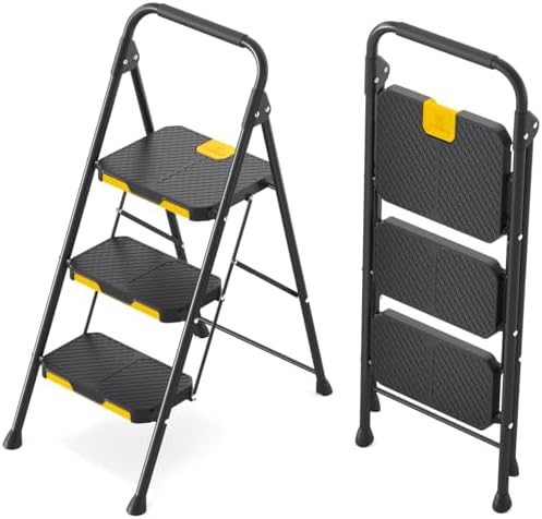 KINGRACK 3 Step Ladder, Sturdy Steel Step Stool with Safe-Lock Design, Handrail, Anti-Slip Wide Pedals, Pass 800lbs Load Testing, Folding Portable Ladder for Multi-Purpose, Home, Kitchen, Black by KINGRACK