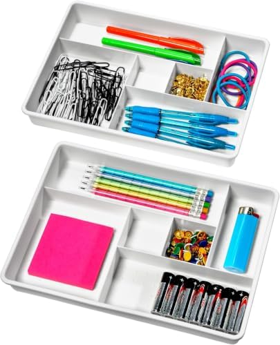 madesmart Plastic 6-Compartment Drawer Organizer Gadget Trays, Multipurpose Storage Bins for Drawers, White Set of 2 (Pack of 6) by madesmart%C2%AE