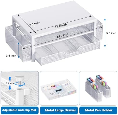 OPNICE Desk Organizers and Accessories, Computer Monitor Stand Riser with Drawer and 2 Pen Holders, Printer & Laptop Stand, Office Desk Accessories & Workspace Organizers for Home Office Supplies, Metal White - Image 5