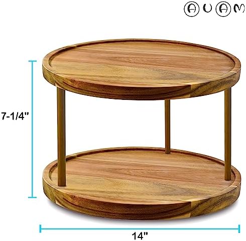 14" Two-Tier Acacia Wood Lazy Susan Organizer Kitchen Turntable for Cabinet Pantry Table Organization - Image 3