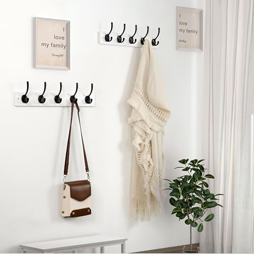 Dseap Wall Mounted Coat Rack: 16" Hole to Hole, Coat Hook Hanger with 5 Metal Hooks for Hanging Coats Towels Hats Clothes, White & Black - Image 2