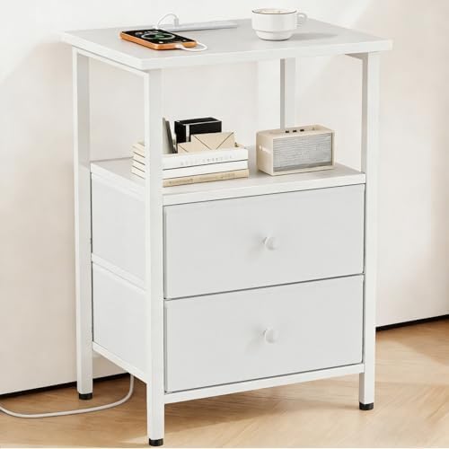 Nightstand with Charging Station, Bedside End Table with 2 Fabric Drawers for Bedroom, Side Table with USB Ports and Outlets (White) by Unknown