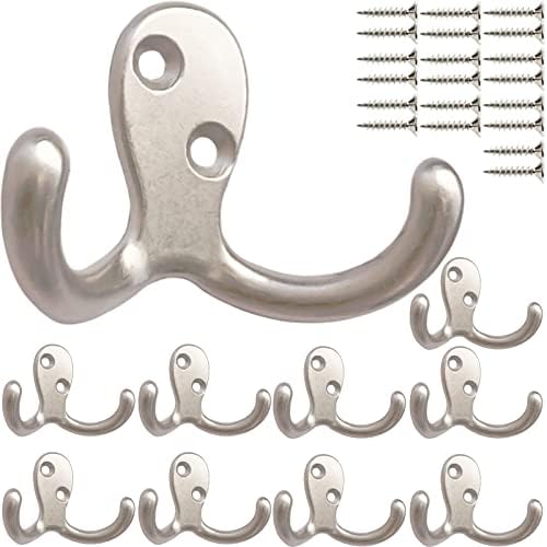 10pcs Coat Hooks Hardware, Wall Hooks Heavy Duty Hooks for Hanging Coats Double No Rust Hook Wall Mounted for Key, Towel, Bags, Cup, Hat (Silvery) by ZEYU