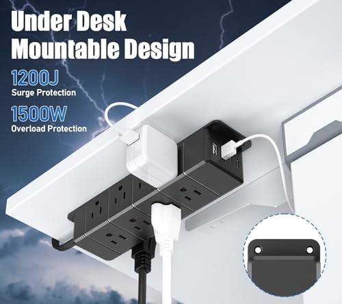 45W Under Desk Power Strip with Switch 12 Outlet 4 USB 1200J 10FT Black - Image 4