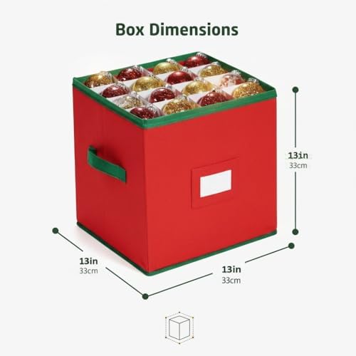 Christmas Ornament Organizer and Storage Box - Tear-Proof Non-Woven Container with 3-Inch Cube Compartments and Dual Zippers - Holds 64 Ornaments - Red - Image 2