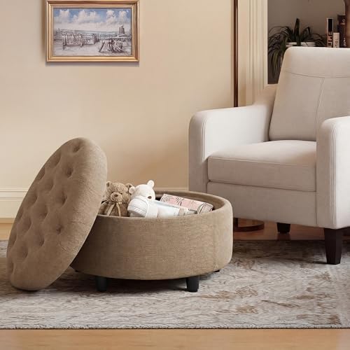 COLAMY Fabric Round Storage Ottoman with Reversible Tray Lid(Camel) - Image 3