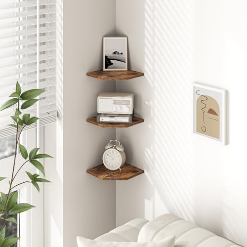 Fun Memories Corner Shelf Wall Mount, Floating Corner Shelves, Set of 6 Corner Wall Shelf Organizer, Rustic Wood Wall Storage Display Shelves for Living Room Bedroom Bathroom Kitchen, Rustic Brown - Image 2