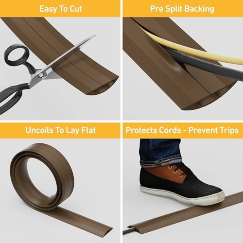 D-Line 30ft Floor Cord Cover, Floor Cable Protector, Extension Cord Cover, Protect Wires & Prevent Cable Trips, Cable Management Solution - Cord Cavity = 0.63" (W) x 0.31" (H) - Brown - Image 2
