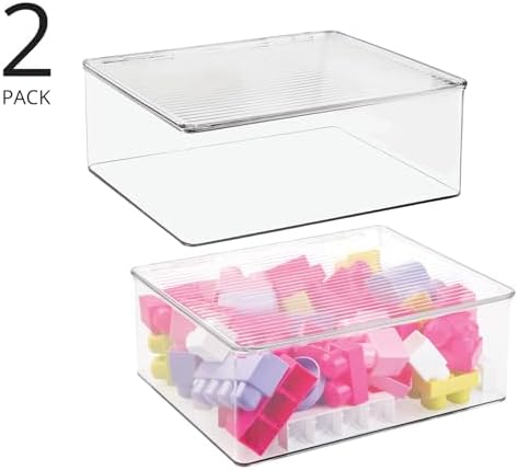mDesign Plastic Stackable Rectangular Storage Bin, Drawer or Cabinet Organizer with Lid, Container Box for Organizing Electronics, Crayons, Puzzles, Games, Toys - Ligne Collection - 2 Pack - Clear - Image 2