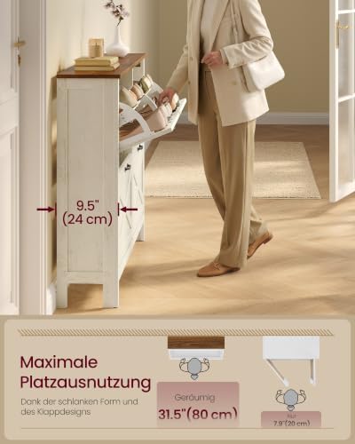 VASAGLE Farmhouse Shoe Cabinet, Narrow Storage Organizer, 4 Flip Drawers - Image 4