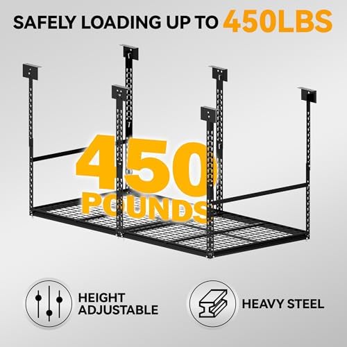 3x6 Ft Overhead Garage Storage Rack, 28-41 inch Height Adjustable Ceiling Mounted Organization Rack, 450 lbs Weight Capacity, 36"x72" Metal Rack for Garage Storage with Wire Decking - Image 4