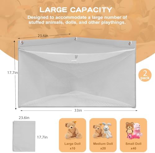 2PCS Large Corner Stuffed Animal Storage, Grey Wall Hammock Toy Net, Gift - Image 4