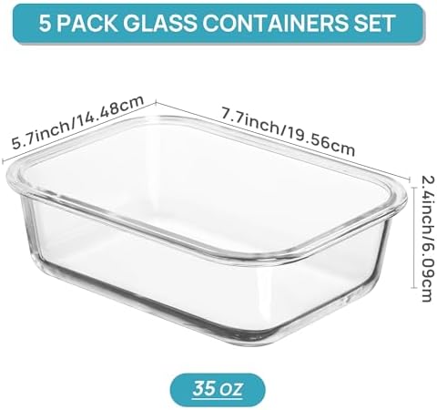 Vtopmart 5 Pack 35oz Glass Food Storage Containers with Lids, Multicolour - Image 2