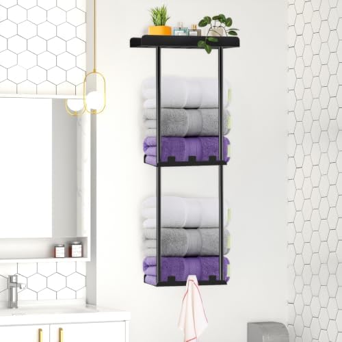 Towel Racks for Bathroom, Towel Holder Bathroom Towel Storage Wall Mounted Towel Rack with Shelf Can Holds 6 Large Towels, Wall Towel Rack for Rolled Towels, Black - Image 2