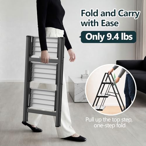 WOA WOA 3 Step Ladder, Foldable Step Stool, 300lbs Load, Black & White - Image 3