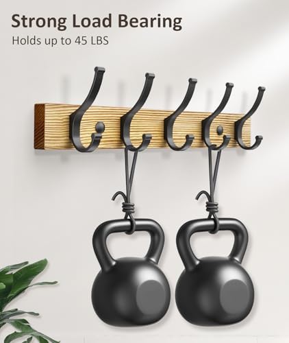 Optish Coat Rack Wall Mount, 16.5 Inches Wood Coat Hooks Wall Mount, Wall Coat Rack with 5 Hooks, Hat Rack Wall Hooks for Hanging Coat, Bag, Towel (2Pack, Natural) - Image 2