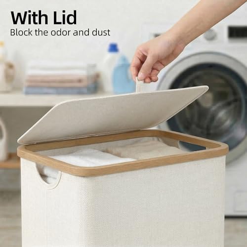 efluky Slim Laundry Hamper with Lid and Removable Bag, 100L Beige - Image 2