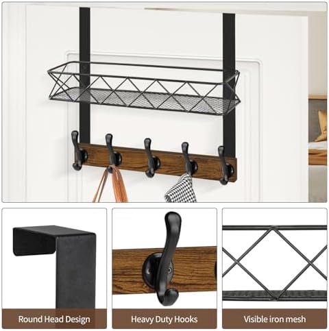 YINMIT Over The Door Hooks Organizer, Over The Door Hanger with Basket, Over The Door Towel Rack with 5 Metal Hooks, Over Door Hanger for Bathroom, Bedroom, Kitchen - Image 3
