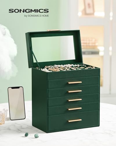 SONGMICS Jewelry Box Organizer, 6-Layer Storage with 5 Drawers, Glass Lid - Image 2
