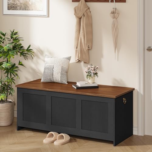 HOOBRO Storage Bench, 43.3" Retro Wooden Storage Chest, Wooden Storage Trunk, Toy Chest with Lift Top, Multifunctional Entryway Organizer, for Entryway, Living Room, Black and Walnut BH411CW01G1 - Image 5