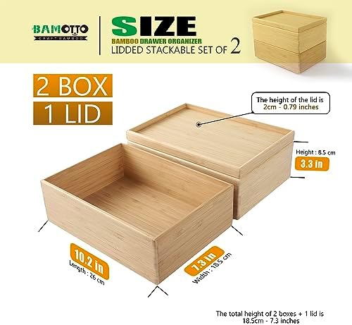 Stackable Bamboo Drawer Organizer Set – 2 Boxes with 1 Lid | Wood-Laminated Trays for Kitchen Utensils, Silverware & Flatware – Storage Fits Cabinets, Pantry, Bathroom & Office | 10.2"x7.3" (2-Pack) - Image 2