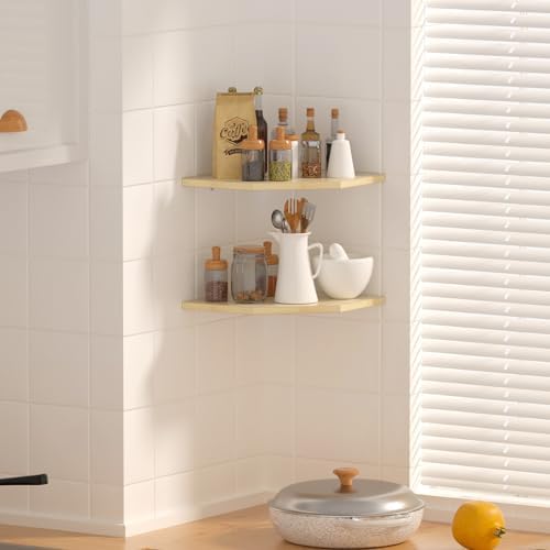 JJL Corner Shelves, 12 Inch Corner Shelf Wall Mounted with Wire Hole, 2 Tier 13.3 Inch Deep Wooden Corner Hanging Shelving for Wall Storage, for Speaker, Cable Box, Light White - Image 2