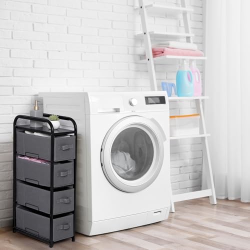 MAX Houser 4 Drawer Narrow Dresser Fabric Storage Tower Vertical Slim Storage Chest Organizer Nightstand Side/End Table Small Standing Organizer Removable Drawers Wood Top for Bedroom, Bathroom（Grey - Image 2