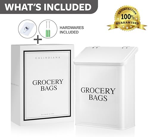 Calindiana Modern Farmhouse Metal Magnetic Grocery Bags Holder for Plastic Bags with LId and Kitchen Organizer and Storage Wall Mount Grocery Bag Dispenser Space Saving, White - Image 7