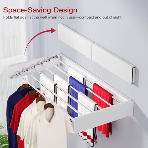 Wall Mounted Drying Rack 40", Foldable Laundry Drying Rack with Stainless Steel Rods, Retractable Laundry Space Saver for Indoor & Outdoor Use, Include Wall Template - Image 2