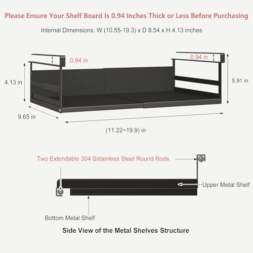 Expandable Under Cabinet Shelf Organizer with 0.94-Inch Thick Clips, Heavy Duty Extendable Under Shelf Storage Basket for Pantry or Laundry Room, Black, 2 Pack, Interior: 4.13" H x 8.54" D - Image 3