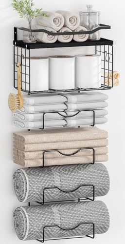 Towel Racks for Bathroom,Towel Rack Wall Mounted, 6 Tier Rolled Or Folded Towel Holder with Floating Shelves, Bathroom Towel Holder for Bath, Hand Towels,Metal and Wood,Full Black by LIDTOP