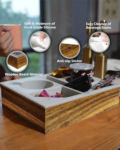Couch Cup Holder Tray, Hitseon Soft Food Grade Silicone Acacia Wooden Couch Caddy for Bed Car Seat Beach Organizer, Anti-Spill Couch Drink Holder for Snacks Beverage Remote (Black, 11.5 * 10 * 3 in) - Image 2