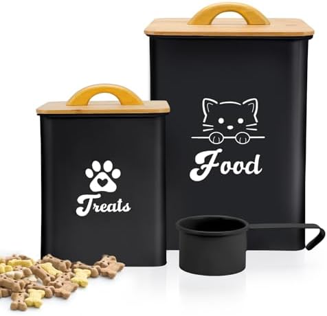 Cat Food Storage Container with Scoop, 2PCS Cat Food Storage Container with Lids Airtight, Cat Treat Jars for Kitchen Counter-7+3Lbs, Cat Cookie Jar for Storage, Black by Dekosilave