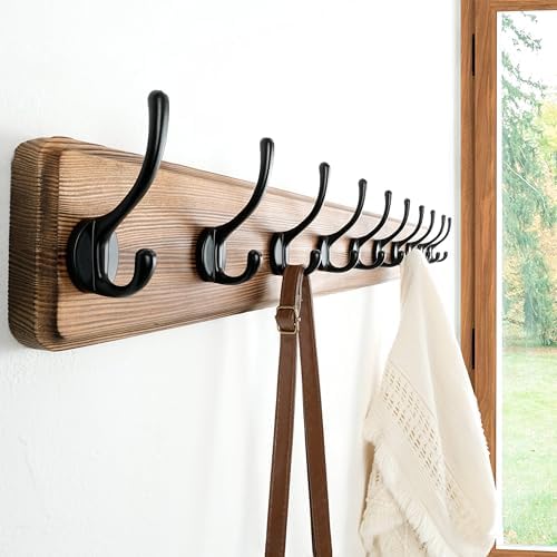 Dseap Wall Mounted Coat Rack: 38-1/4" Long, Patented, Heavy-Duty, 10-Double-Hooks Wooden Hanger Rail for Winter Coats, Hats, Jackets, Clothing - Natural & Black, Pack of 2 - Image 5