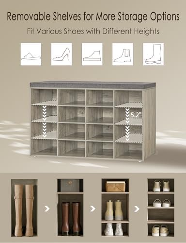DINZI LVJ Shoe Storage Bench with Cushion, 16-Cubby Shoe Rack with Seat - Image 4